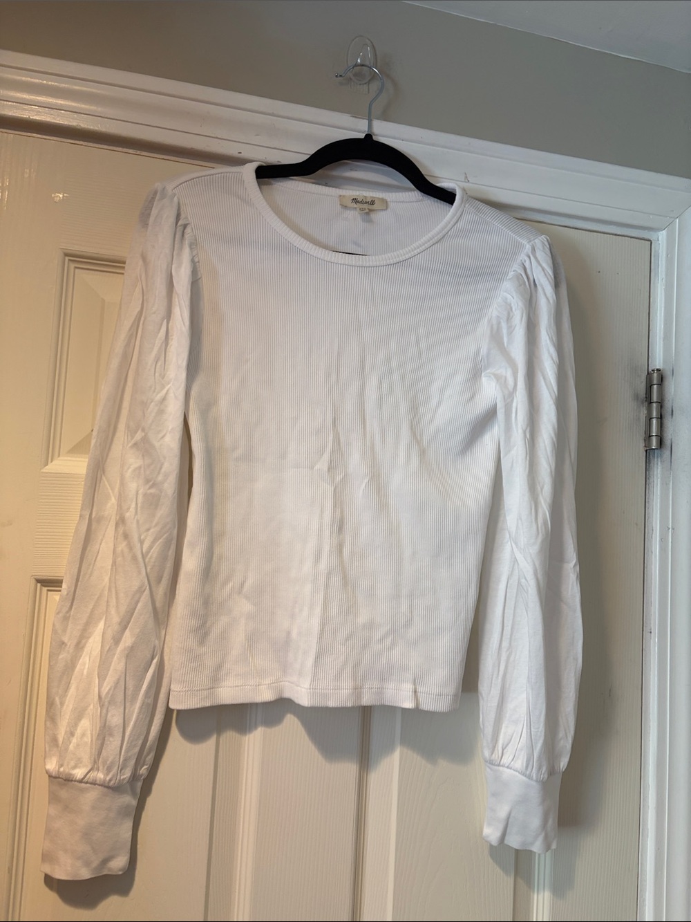 NWOT Madewell Ribbed Long-Sleeve Top with Puff Sleeves in White XXS
